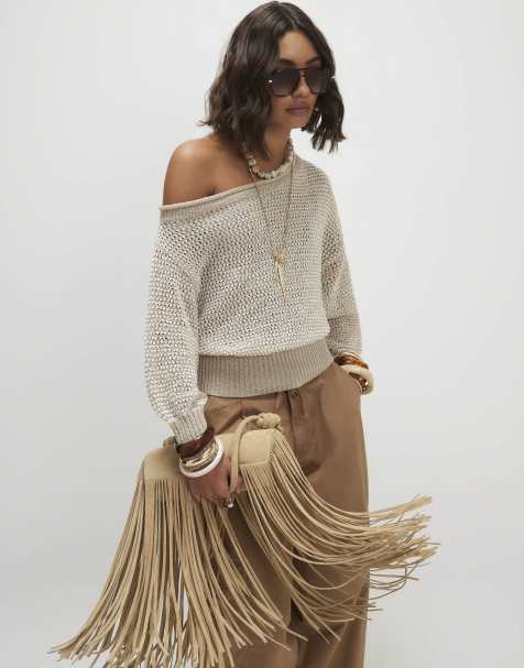 River Island Open stitch knitted off shoulder top in stone - view 1