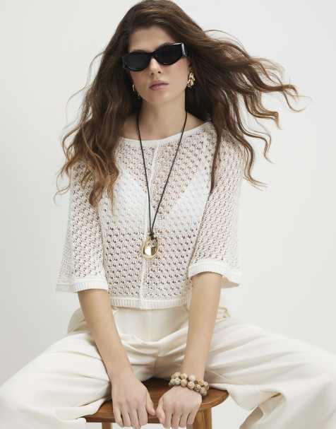 River Island Open stitch knitted t-shirt in white - view 1