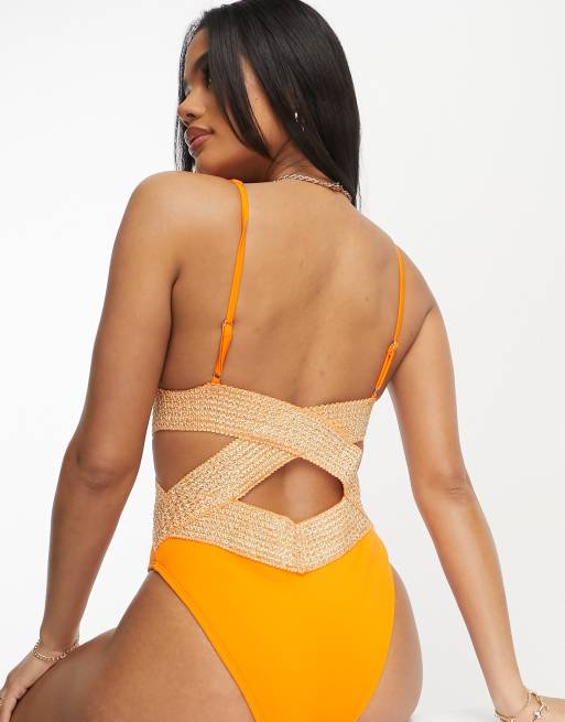 River Island - Orange badedragt med dyb udskæring og slå om-detalje, 4 af 4