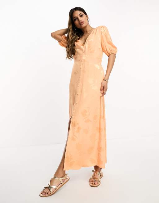 River Island - Orange tea-midikjole med knapper i jacquard