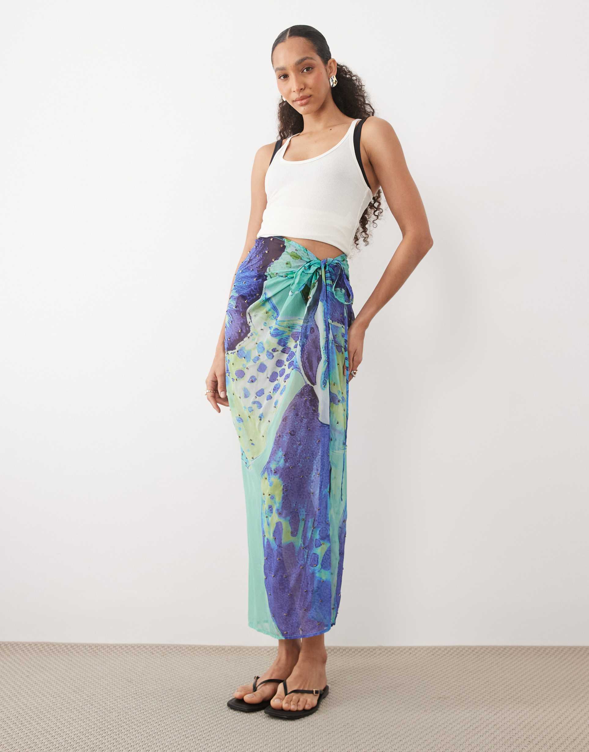 river island orchard print beach midaxi skirt in blue
