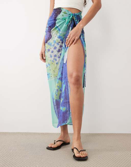 River Island orchard print maxi beach skirt in blue, 4 of 5