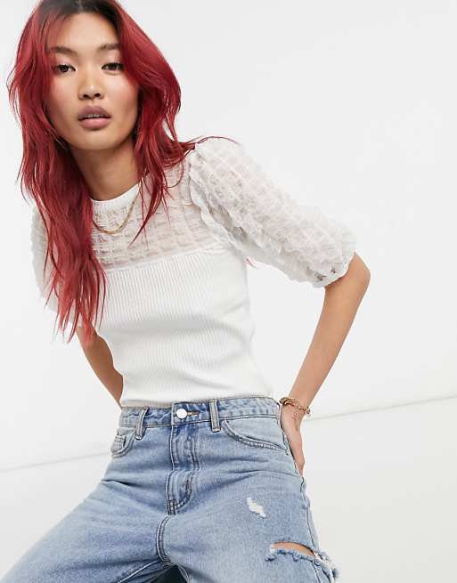 River Island organza sleeve fitted ribbed top in white | ASOS