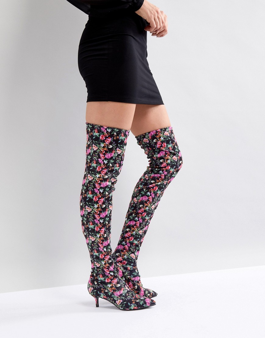 River Island Over The Knee Floral Print Heeled Boots-Multi