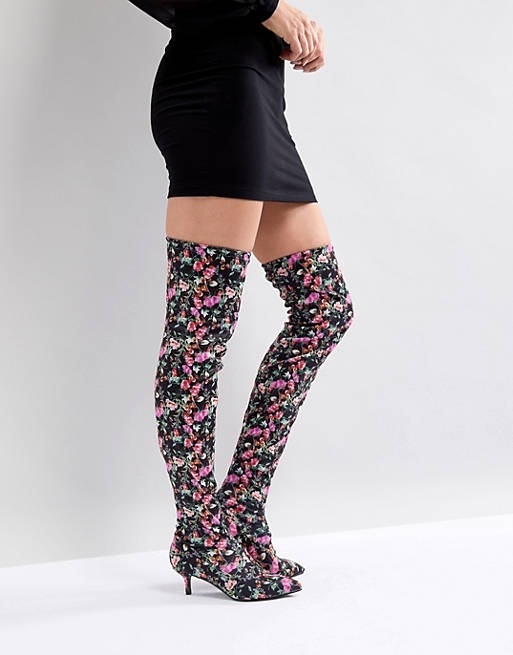 River Island Over The Knee Floral Print Heeled Boots