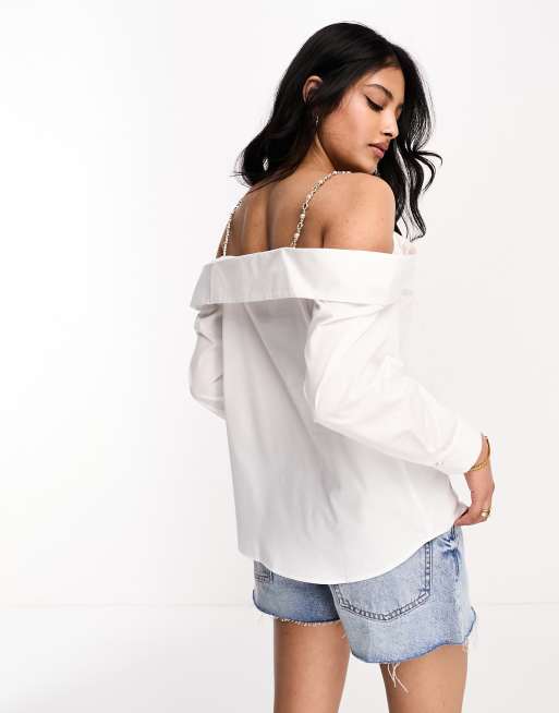 River Island - Overhemd met bardot-halslijn en kettingbandjes in wit, 2 van 4