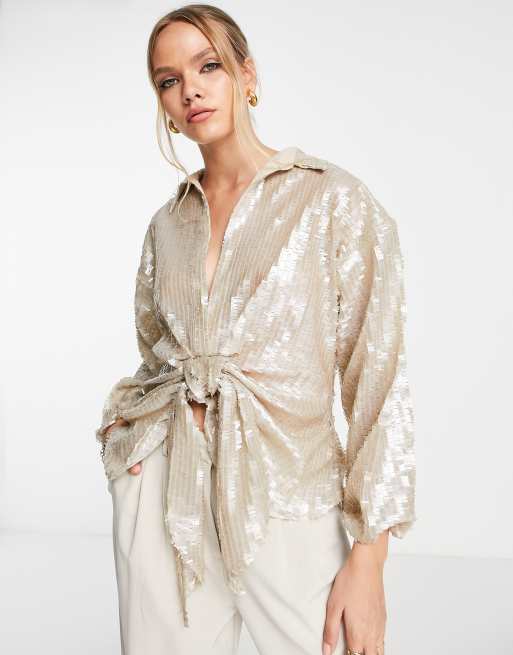 River Island - Overhemd met gestrikte voorkant en lovertjes in goud