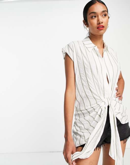 River Island - Overhemd met strik voor, korte mouwen en groene strepen
