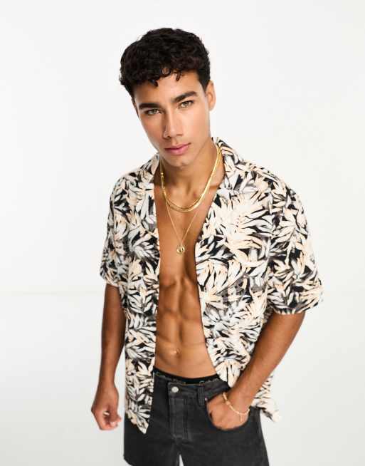 River Island - Overhemd van kreukstof met palmprint in zwart