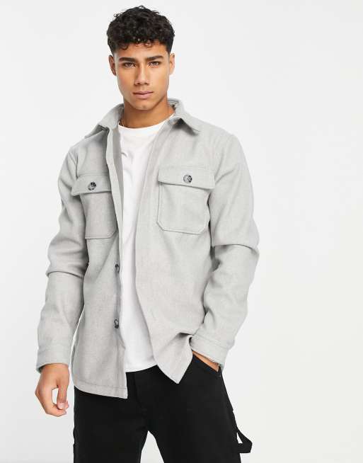 River Island – Oversize-Flanellhemd in Grau mit Knopfleiste