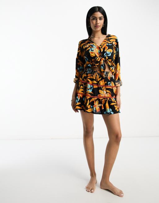 River Island – Oversize-Strandhemd in Schwarz mit Tropen-Print, Kombiteil, 2 von 4