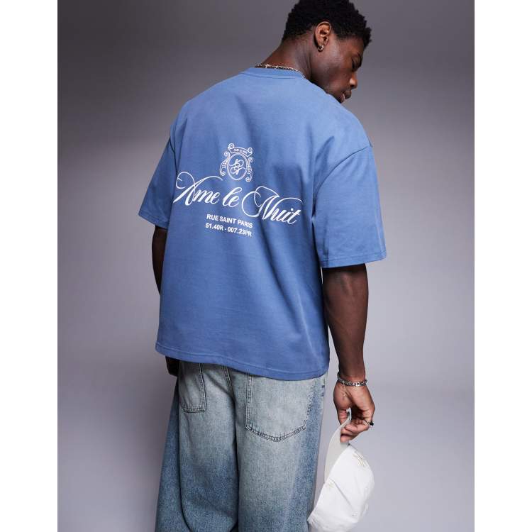 River Island oversized Ame le Nuit script T-shirt in blue | ASOS