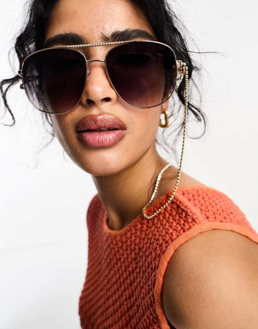 River Island - Oversized aviator zonnebril met siersteentjes in goud