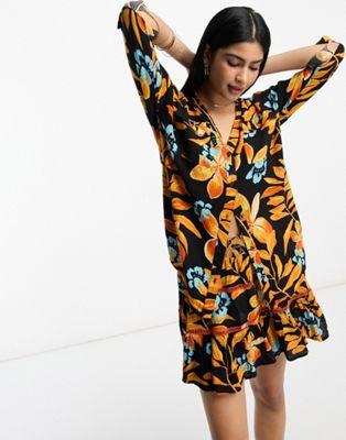 River Island Oversized Beach Shirt In Black Tropical Print - Part Of A Set