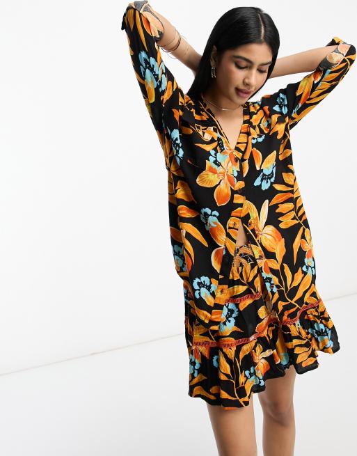 River Island oversized beach shirt in black tropical print (part of a set)