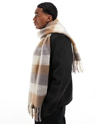 River Island Oversized Check Scarf In Beige-neutral