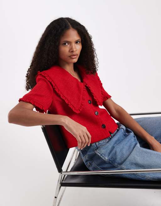 River Island oversized collar detail boucle top in red, 2 of 4