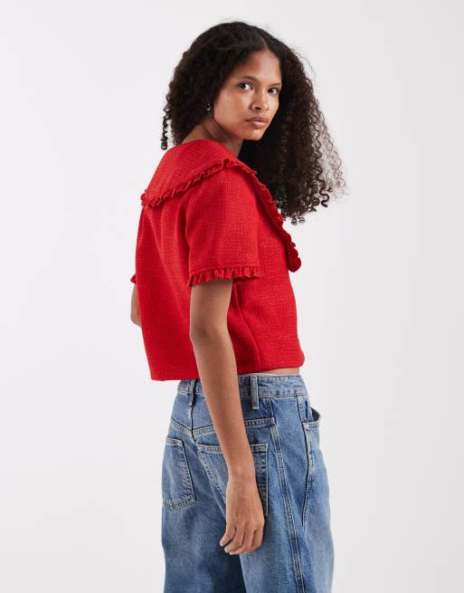 River Island oversized collar detail boucle top in red, 3 of 4