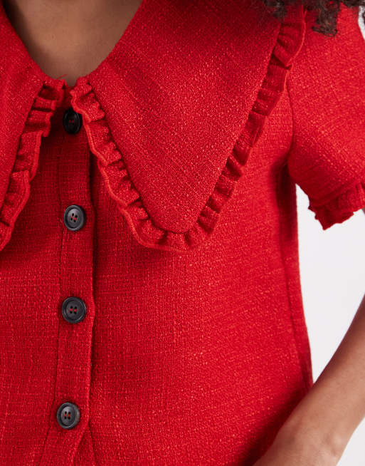 River Island oversized collar detail boucle top in red, 4 of 4