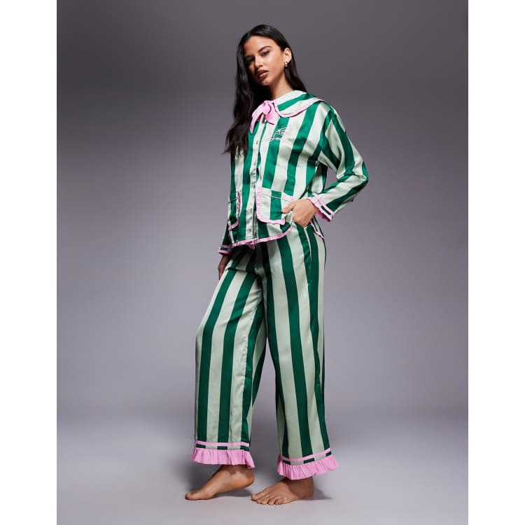 River Island oversized collar detail striped pyjama set in green | ASOS