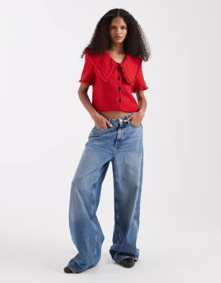 River Island Oversized Collar Detailing Bouclé Top In Red