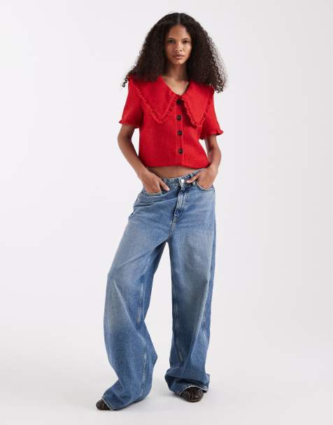 River Island oversized collar detailing bouclé top in red - view 1