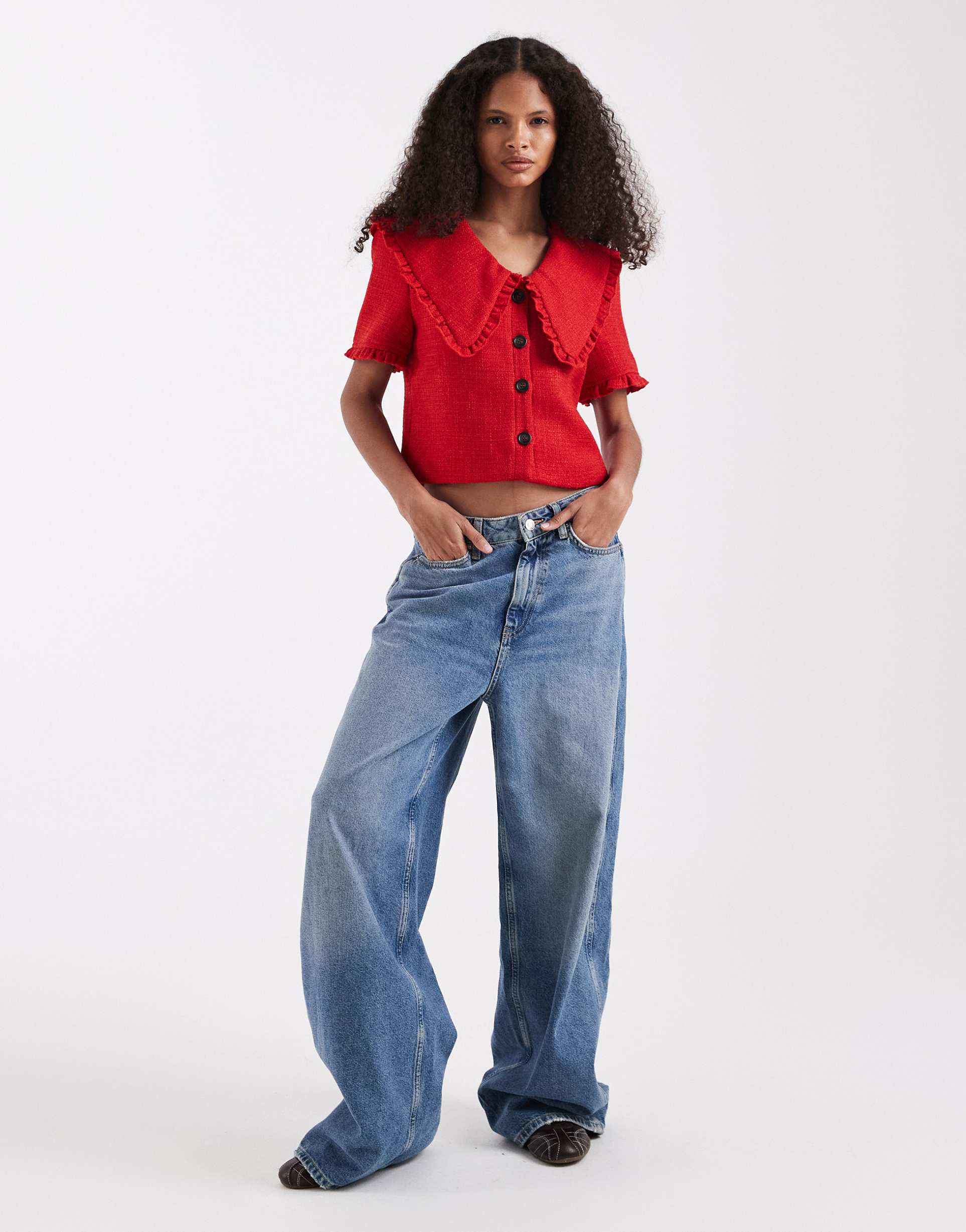 river island oversized collar detailing bouclé top in red