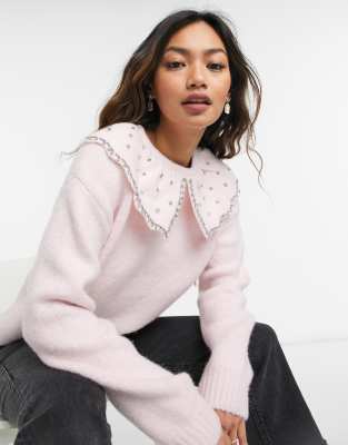 Pink sweater with embellished sales collar