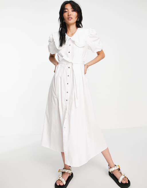 River Island oversized collar poplin maxi dress in white | ASOS