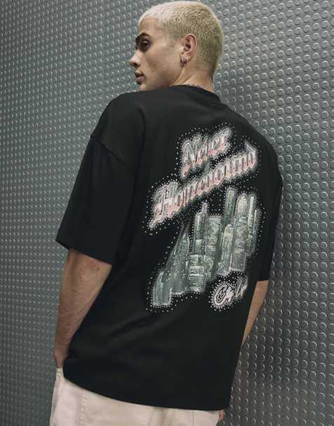 River Island Oversized cotton city glitter t-shirt in black - view 1