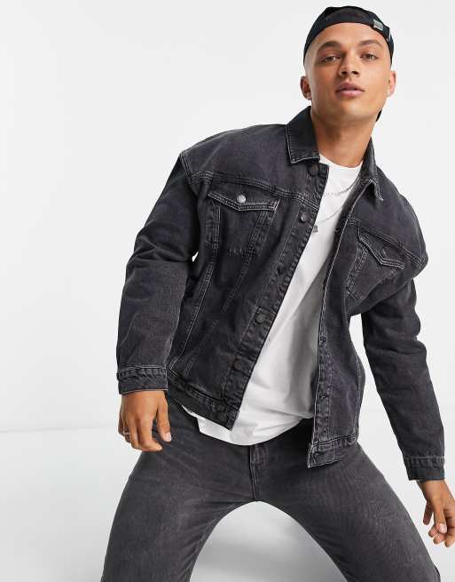 Black denim jacket river island sale