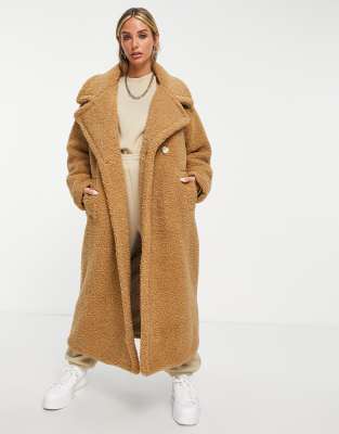 River Island oversized double breasted borg coat in brown