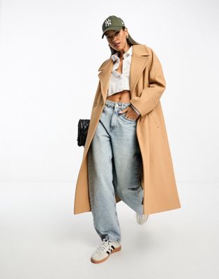 River Island oversized double breasted slouch coat in light brown - ASOS Price Checker