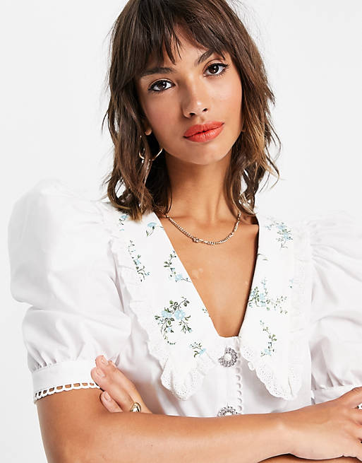 Tops Shirts & Blouses/River Island oversized embellished collar shirt in white 