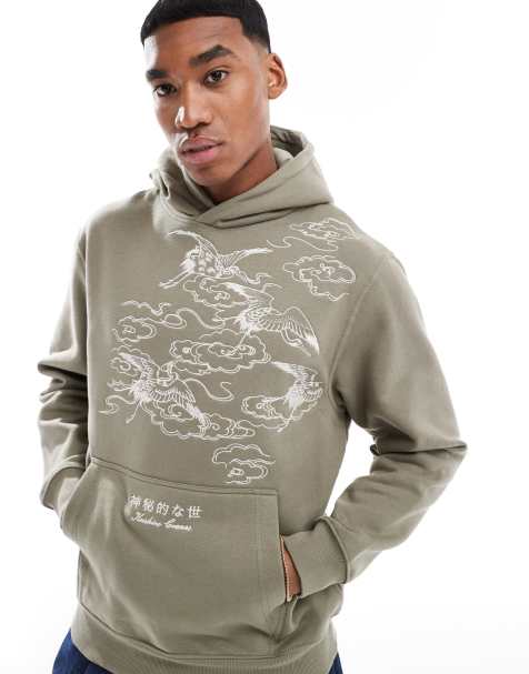 River Island oversized embroidered crane hoodie in khaki - view 1