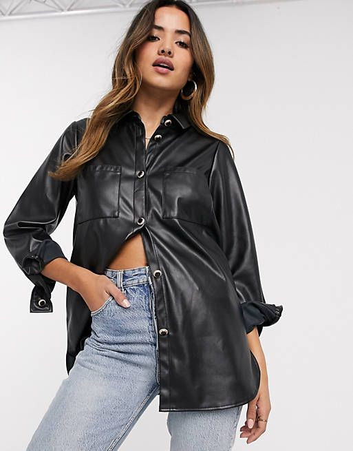 River Island oversized faux leather shirt in black | ASOS