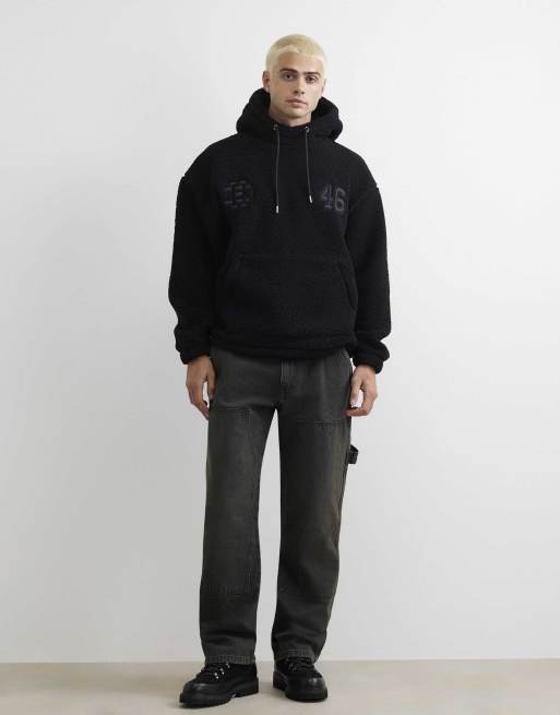 River Island Oversized fit borg 46 hoodie in black, 3 of 4