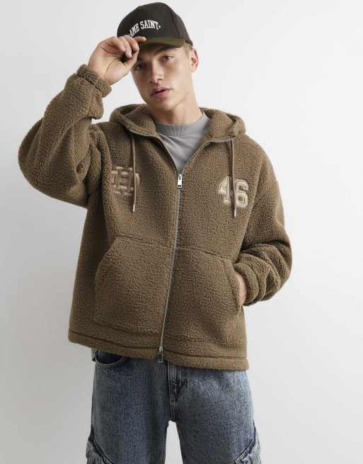 River Island Oversized fit borg lined hoodie in khaki, 2 of 4