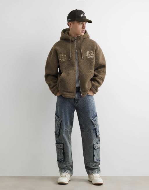 River Island Oversized fit borg lined hoodie in khaki, 3 of 4
