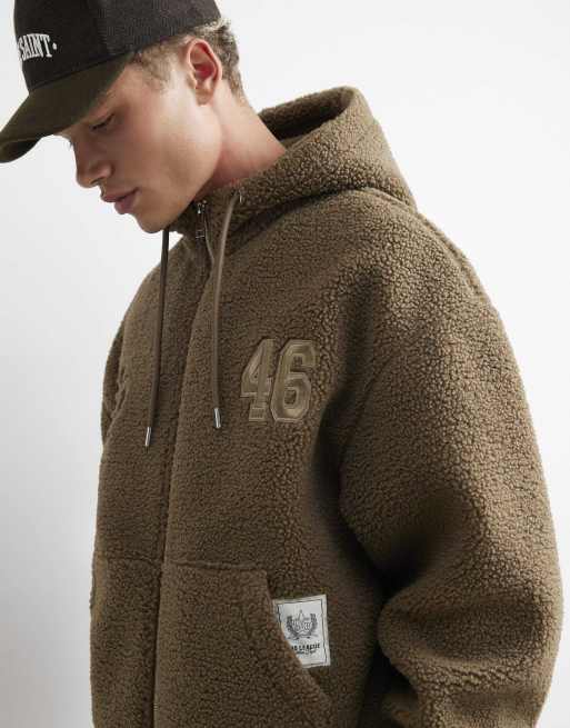 River Island Oversized fit borg lined hoodie in khaki, 4 of 4