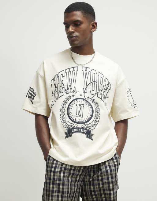 River Island Oversized fit cotton new york t-shirt in ecru, 3 of 4