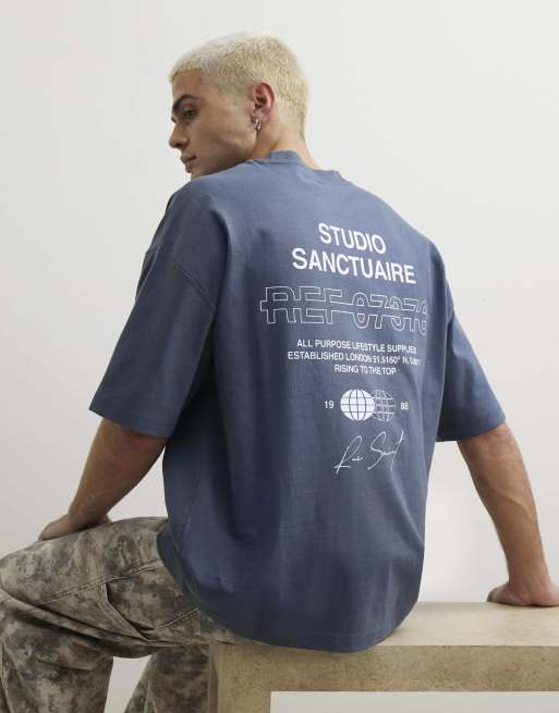 River Island Oversized fit cotton sanctuaire t-shirt in blue, 4 of 4