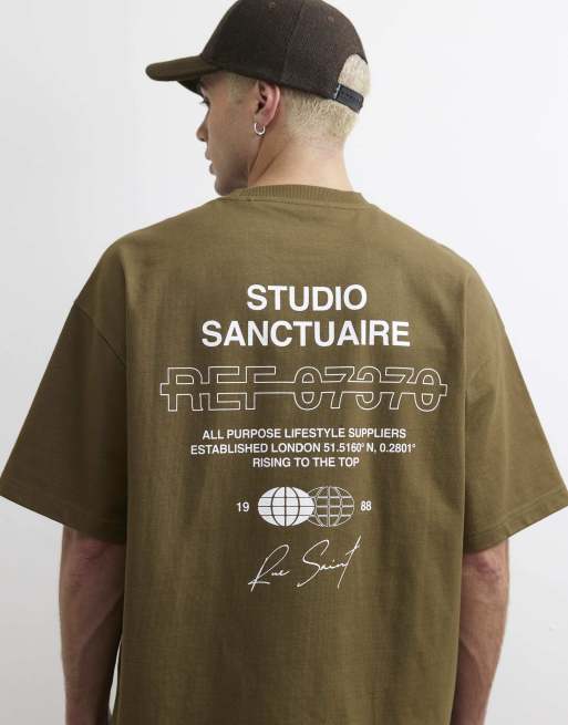River Island Oversized fit cotton sanctuaire t-shirt in khaki, 4 of 4