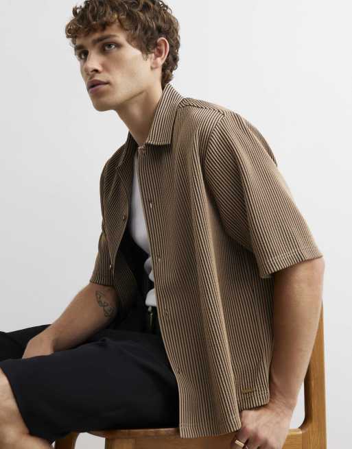 River Island Oversized fit cotton stripe shirt in stone, 3 of 4