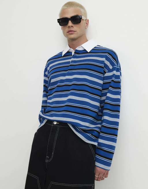 River Island Oversized fit cotton striped polo shirt in blue - dark, 2 of 4