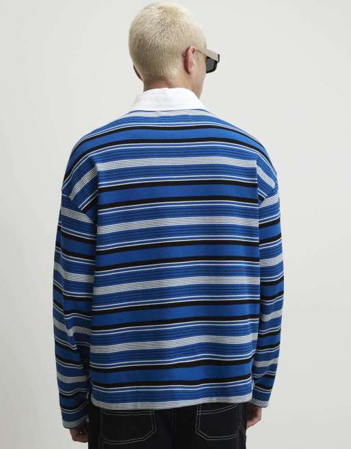 River Island Oversized fit cotton striped polo shirt in blue - dark, 4 of 4