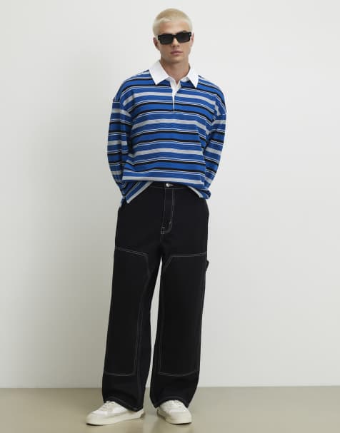 River Island Oversized fit cotton striped polo shirt in blue - view 1