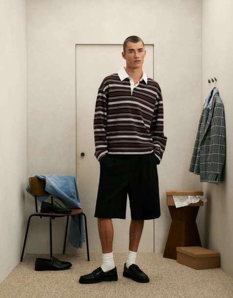 River Island Oversized fit cotton striped polo shirt in brown - view 1