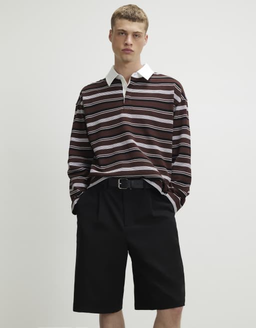 River Island Oversized fit cotton striped polo shirt in brown, 2 of 4