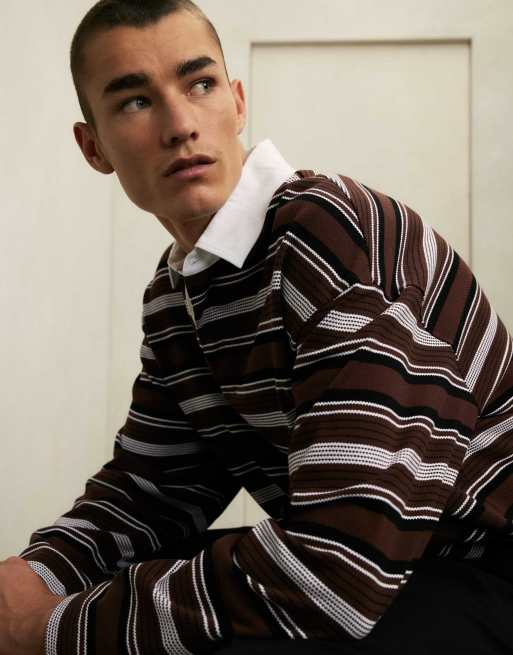 River Island Oversized fit cotton striped polo shirt in brown, 3 of 4